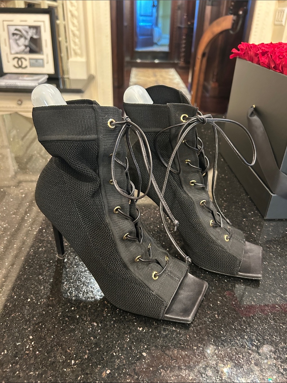Giuseppe Zanotti Black Lace-Up Knit Peep-Toe Stiletto Booties